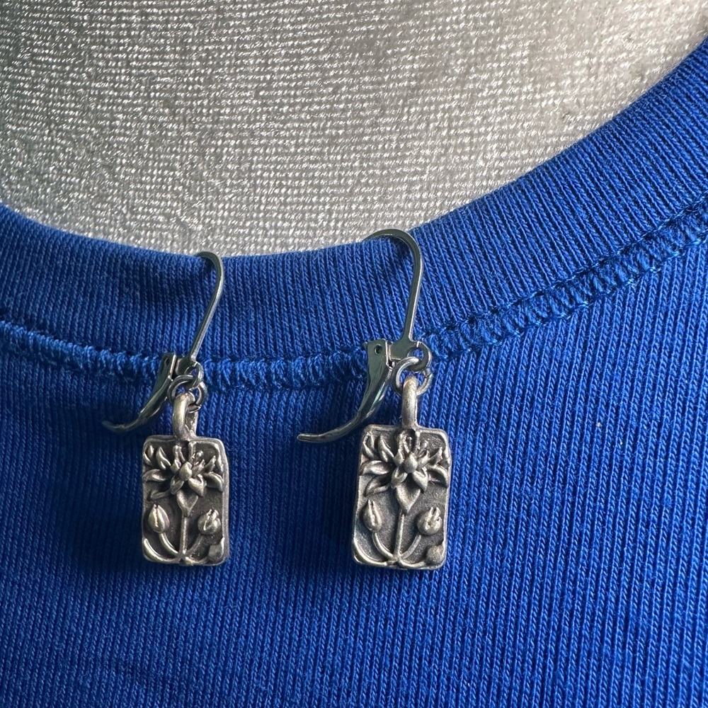 Silver Floral Rectangle Drop Earrings - Women Jewelry